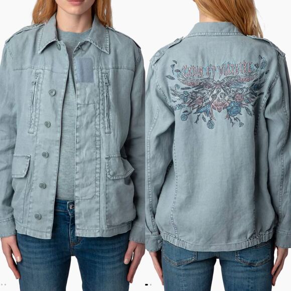 Zadig & Voltaire Kid Linen Glacier Blue Skull Embroidered Utility Jacket XS - Picture 12 of 12